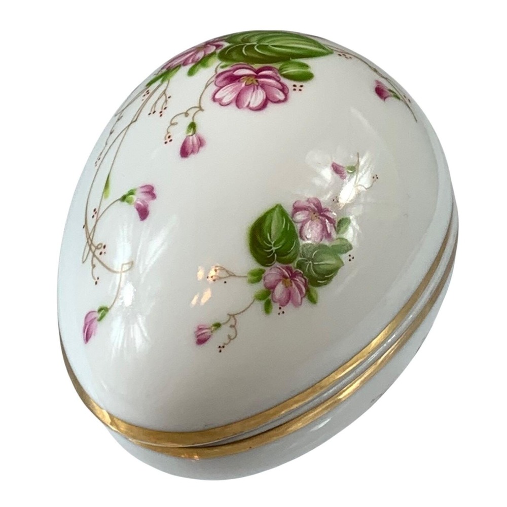 Lefton Vintage Porcelain Pink Floral Egg Trinket Box Gold Trim Japan 04680